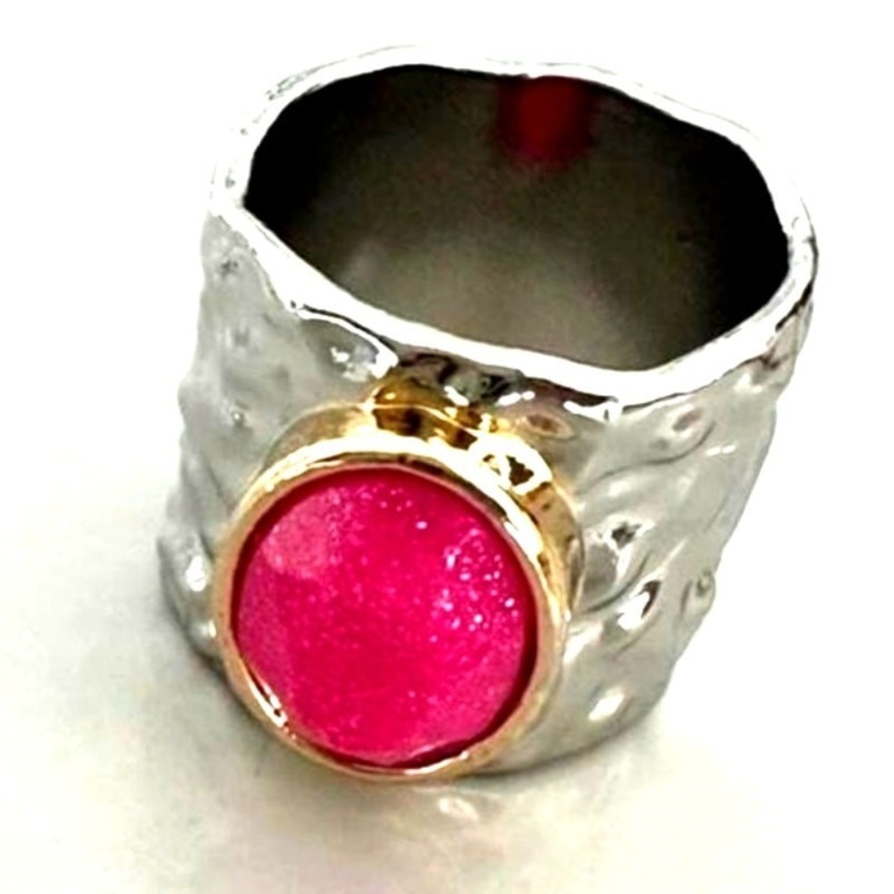 New 8 Boho Rose Pink Quartz Natural Wide Metal Bezel Ring Stone Silver Geode